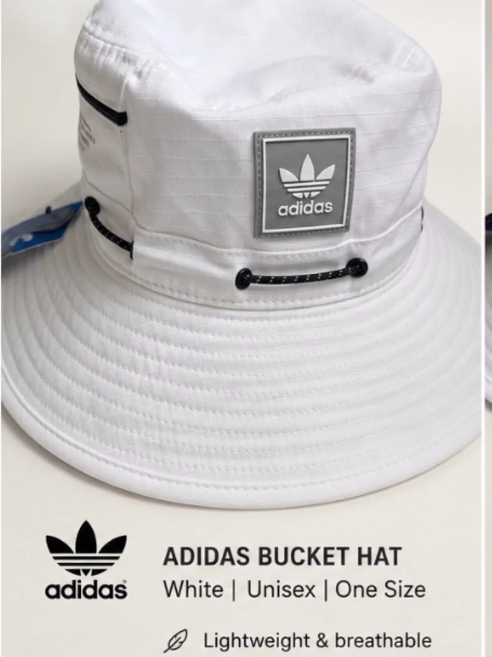 adidas White Bucket Hat with Front Zip Pocket and Cord unisex